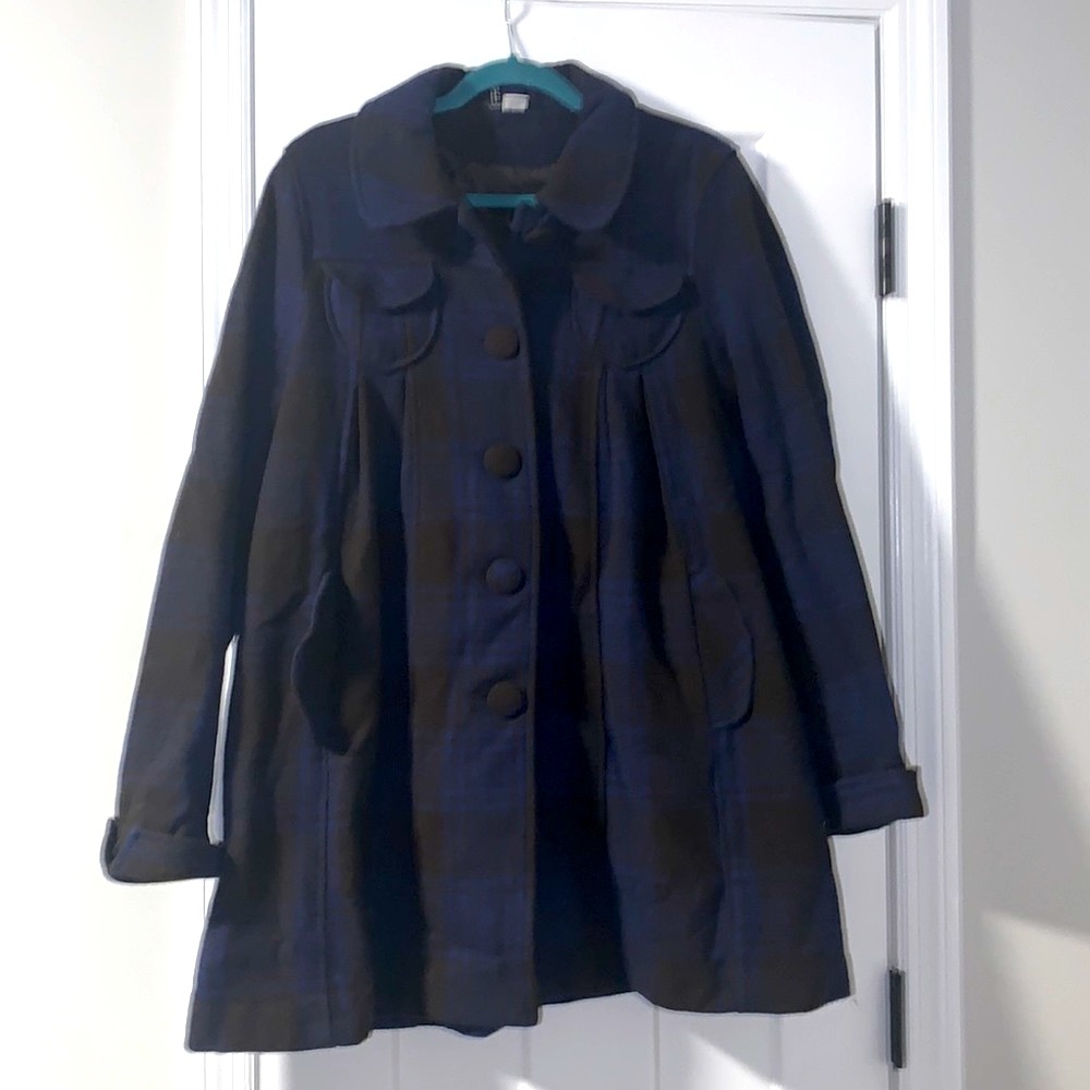 Divided by H&M Brown & Blue Wool Plaid Swing Coat, size 12